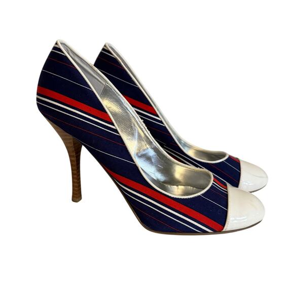 Dune Pump Heel Womens 8.5 Blue Striped Stiletto Slip On Retro Nautical Preppy - Picture 1 of 8